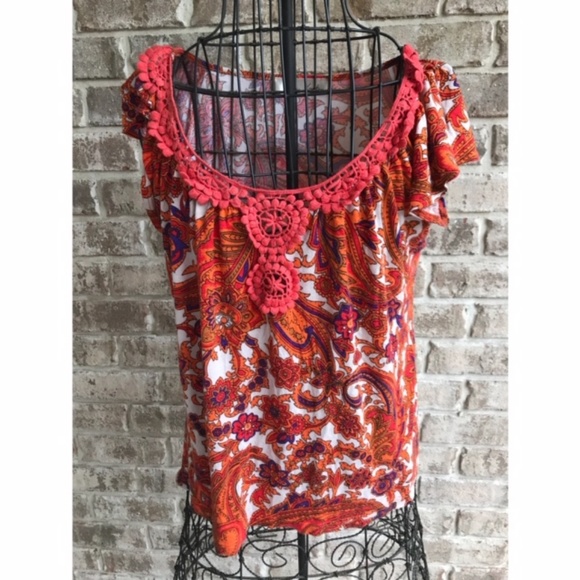 Lush Boho Top Peasant Crochet Neckline Retro - Picture 1 of 8